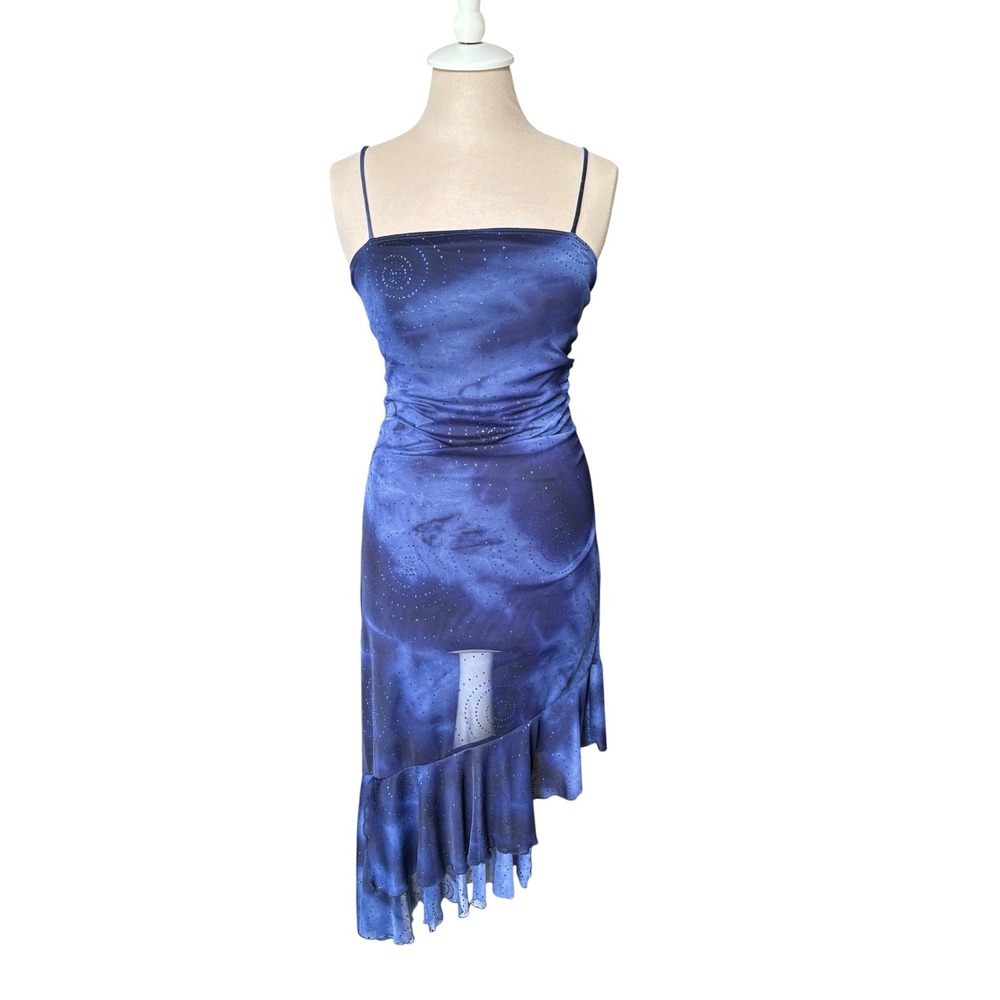 Vtg Taboo Blue Galaxy Glitter Mesh Asymmetrical Dress Sz S Whimsigoth Dark Fairy